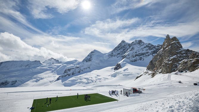 INTERLAKEN, SWITZERLAND - SEPTEMBER 30: General view of the Aletsch Glacier pitch during day one of the UEFA Women's EURO 2025 Ticket and Volunteer Launch Event at Grindelwald Terminal on September 30, 2024 in Interlaken, Switzerland.