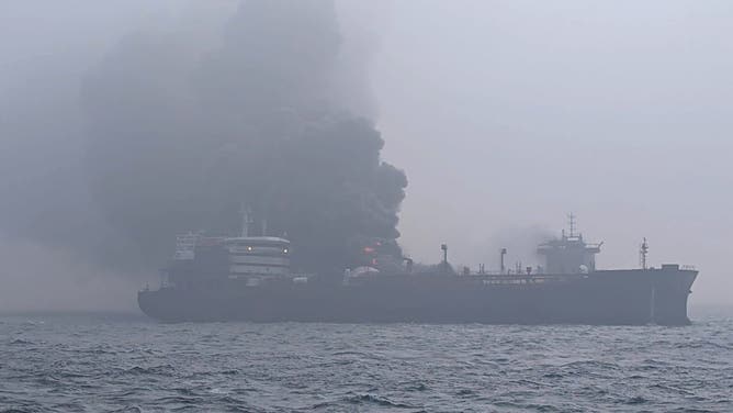 AT SEA, UNITED KINGDOM - MARCH 10: Fire and rescue services attend after a collision between oil tanker MV Stena Immaculate and the cargo vessel MV Solong off the coast of the Humber Estuary on March 10, 2025 at sea, United Kingdom.