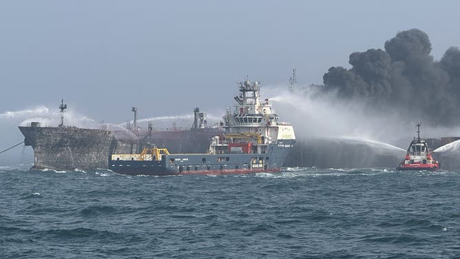 MARCH 10: Fire and rescue services attend after a collision between oil tanker MV Stena Immaculate and the cargo vessel MV Solong off the coast of the Humber Estuary on March 10, 2025 at sea, United Kingdom.