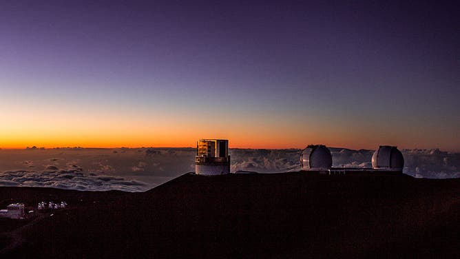 2012: As Night Falls on the Subaru, Keck I and Keck II Telescopes at the Summit of the Mauna Kea Observatories on the Big Island of Hawaii