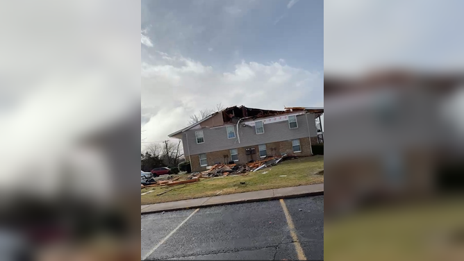 Severe weather damage from tornado captured in Ada, Oklahoma. 
