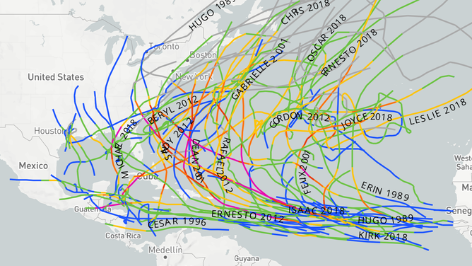 Tropical cyclone tracks from 2018, 2012, 2001, 1986 and 1989.