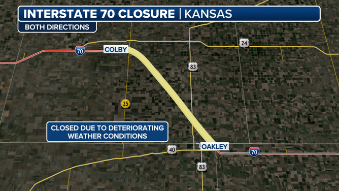 This graphic shows the Interstate 70 closure in Kansas on Wednesday, March 19, 2025.