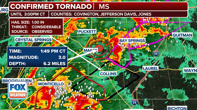 A radar image shows tornado-warned storms surrounding the epicenter of an earthquake near Magee, Mississippi, on March 15, 2025.