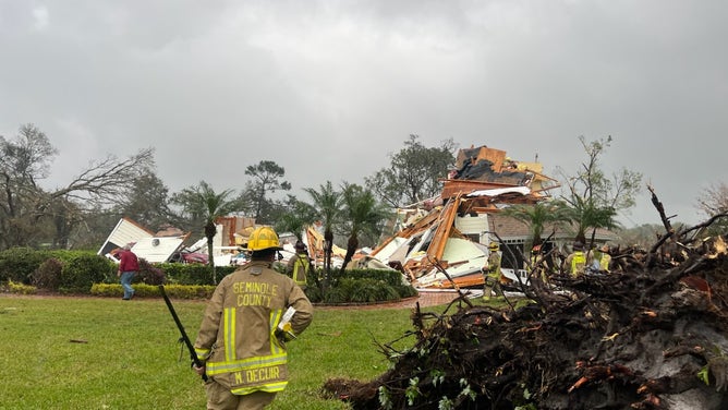 Possible tornado damage to a residential home on Blue Iris Place in Longwood, Florida on March 10, 2025.