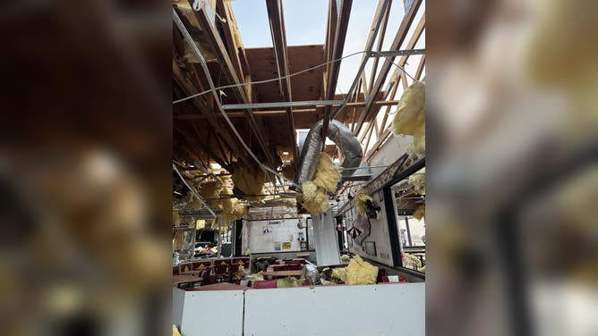 Damage to the inside of the Burger King in Villa Ridge, Missouri, which was hit by an EF-2 tornado.