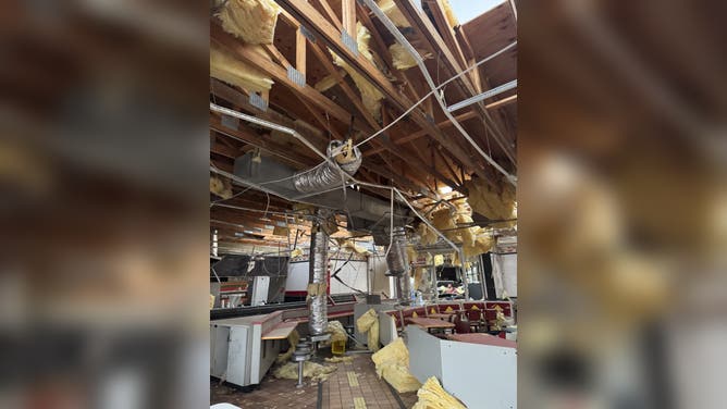 Damage to the inside of the Burger King in Villa Ridge, Missouri, which was hit by an EF-2 tornado.