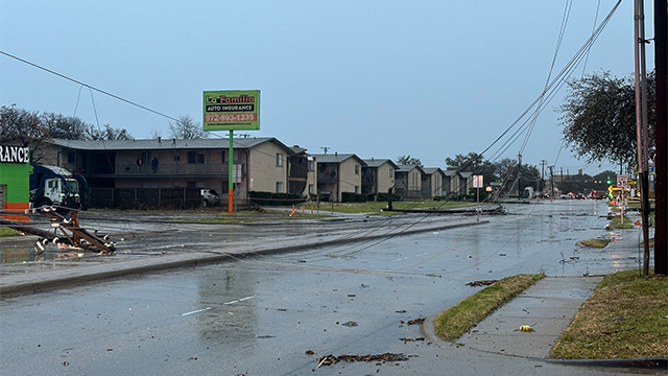 This image shows damage reported in Irving, Texas, after severe thunderstorms blasted across the city on Tuesday, March 4, 2025.