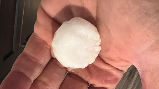 This photo shows a large hailstone that fell during severe weather in Kerrville, Texas, on March 23, 2025.