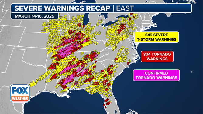 This graphic shows all of the severe weather warnings issued during the deadly severe weather outbreak last week.