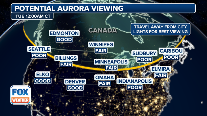 Monday night aurora cloud cover forecast from the FOX Forecast Center.