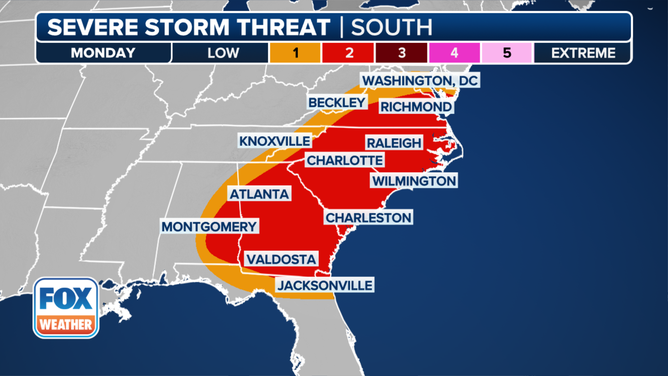 This graphic shows the severe weather threat on Monday, March 31, 2025.