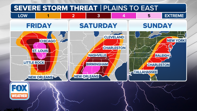 This graphic shows the severe weather threat on Friday, Saturday and Sunday.