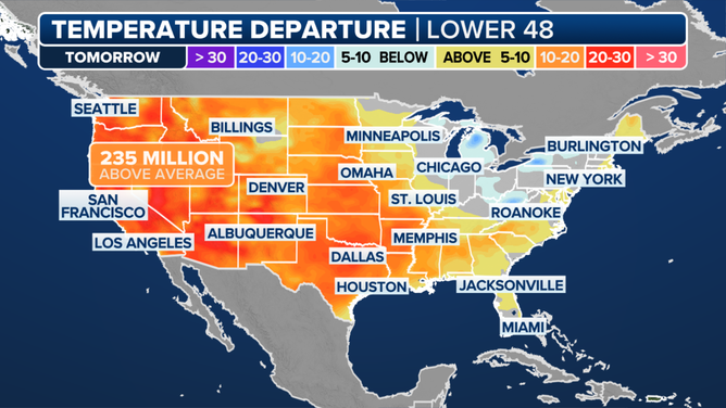 This graphic shows the temperature departures across the U.S.