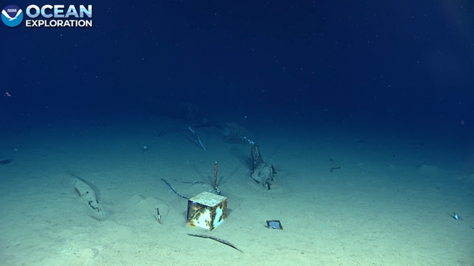 A net and other debris lay almost buried in the ocean floor amidst other military items.