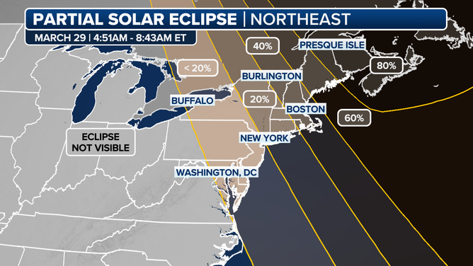 A map of the Northeast U.S. showing the maximum eclipse on March 29, 2025.