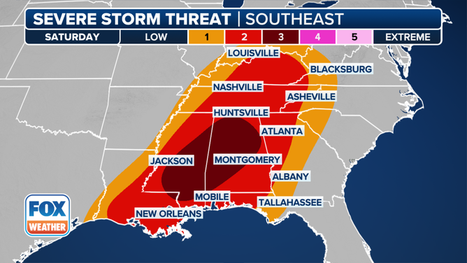This graphic shows the severe weather threat on Saturday, March 15, 2025.