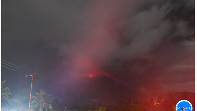 Mount Lewotobi Laki-Laki spews volcanic ash during an eruption on March 20, 2025.