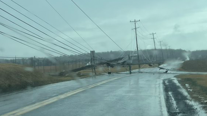 Power lines and poles down near State College Airport in Pennsylvania on Sunday, March 16, 2025.