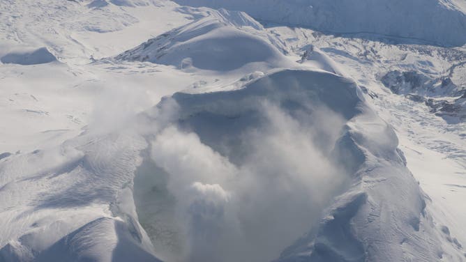 Gas emits from the summit crater of Mount Spurr in Alaska during a flight on March 11, 2025.