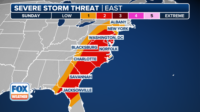 This graphic shows the severe weather threat on Sunday, March 15, 2025.