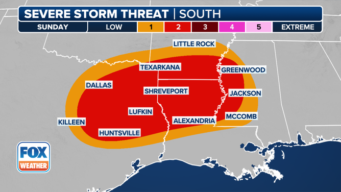 This graphic shows the severe weather threat on Sunday, March 23, 2025.