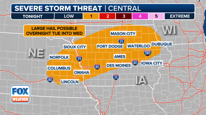 This graphic shows the severe weather threat on Tuesday, March 18, 2025.