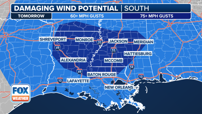 This graphic shows the damaging wind threat on Tuesday, March 4, 2025.
