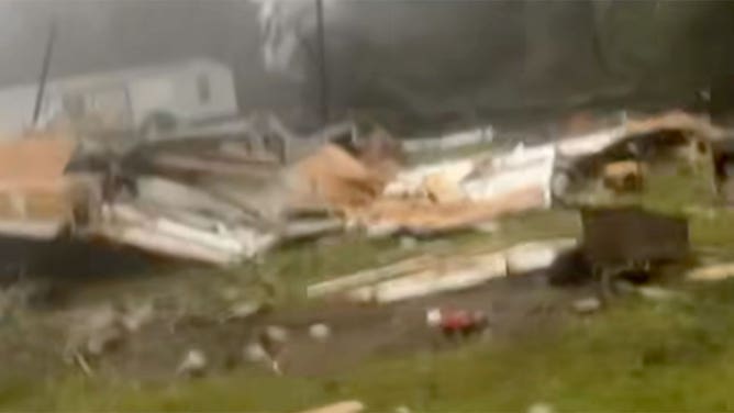 Damage is seen after a tornado ripped through the area of Tylertown, Mississippi, on March 15, 2025.