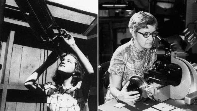 Left: Vera Rubin looking through a telescope at Vassar College where she studied astronomy in the 1940s. She was the only astronomy major in her graduating class. Right: Rubin analyzing the spectra of stars at the Carnegie Institution in the 1970s, work which led her to confirm dark matter's existence.