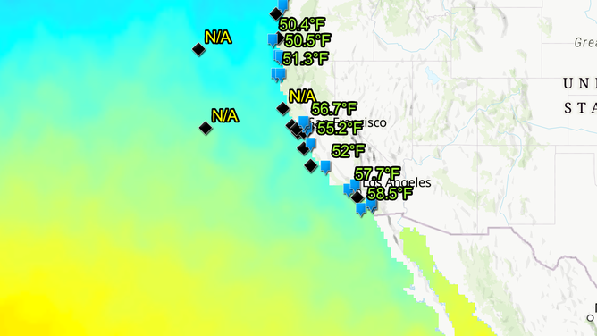 West Coast water temperatures from 3/22/2025