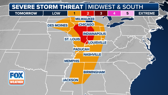 This graphic shows the severe weather threat on Wednesday, March 19, 2025.