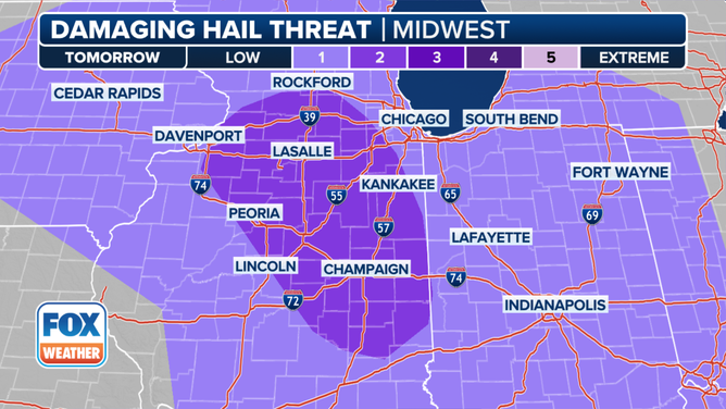 This graphic shows the large hail threat on Wednesday, March 19, 2025.