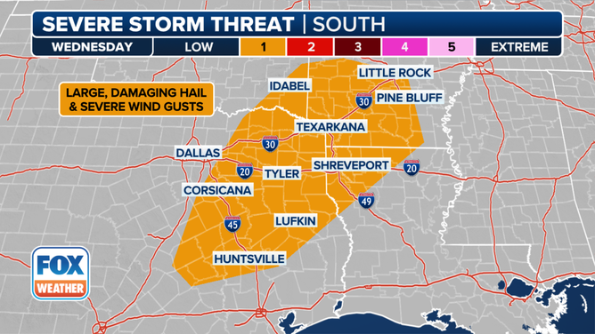 This graphic shows the severe weather threat on Wednesday, March 12, 2025.