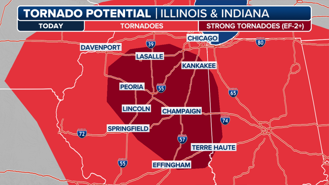 This graphic shows the tornado threat on Wednesday, March 19, 2025.