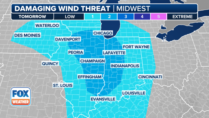 This graphic shows the damaging wind threat on Wednesday, March 19, 2025.