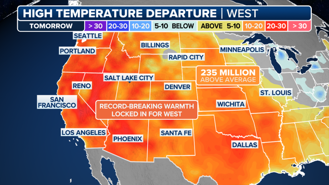 This graphic shows the temperature departures across the U.S.