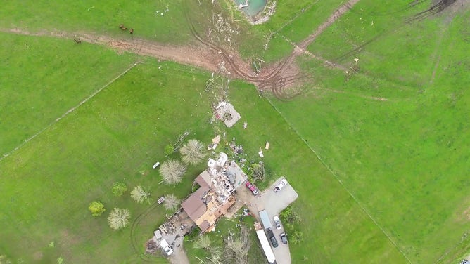 This image from a drone video shows damage after an EF-2 tornado in the Guthrie area in Callaway County, Missouri, on April 20, 2025.