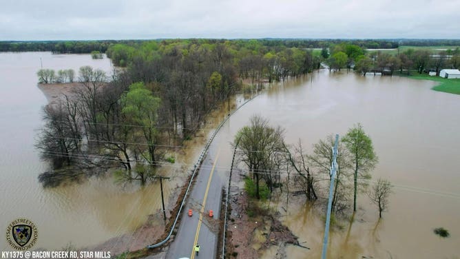 Flooded highway 1375 in Glendale, Kentucky on Sunday.