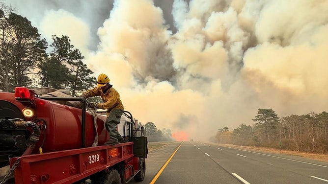 The Jones Road Fire burns in Ocean County, New Jersey, on Wednesday.