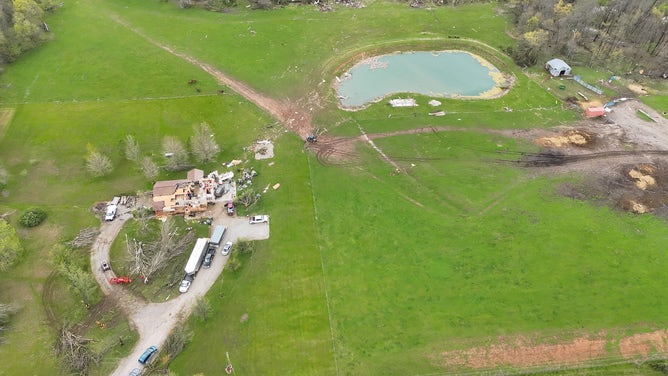 This image from a drone video shows damage after an EF-2 tornado in the Guthrie area in Callaway County, Missouri, on April 20, 2025.