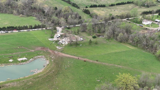 This image from a drone video shows damage after an EF-2 tornado in the Guthrie area in Callaway County, Missouri, on April 20, 2025.