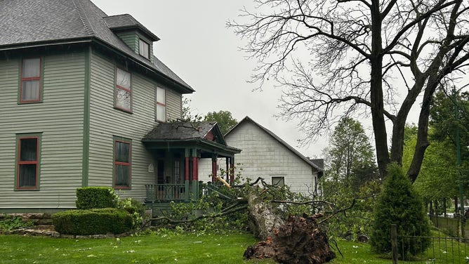 A tree fell on a home in Springfield, Missouri on Tuesday, April 29, 2025.
