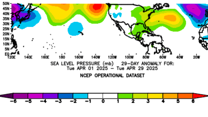 Pressure anomalies showing a stout ridge in the Atlantic Ocean.