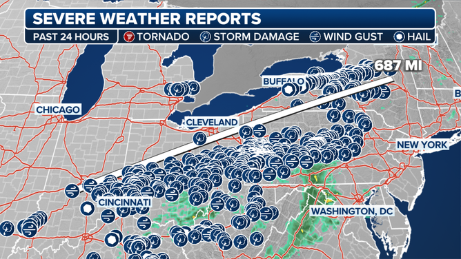 A map showing the damaging wind reports received by the National Weather Service on Tuesday, April 29, 2025.