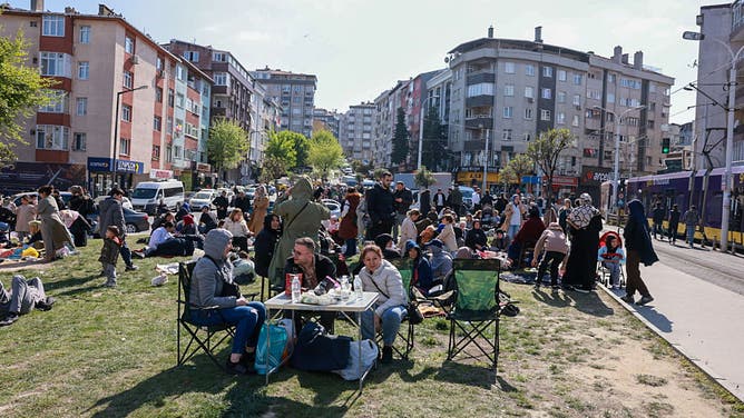 Citizens seen after numerous earthquakes, the largest of which was 6.2 off the coast of Silivri, caused them to leave their homes, on April 23, 2025 in Istanbul, Türkiye. 