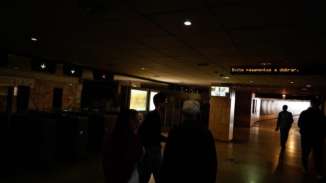 LISBON, PORTUGAL - APRIL 28: The subway entrance lies in darkness during a power outage on April 28, 2025 in Lisbon, Portugal. There was a widespread power outage today in Spain and Portugal and parts of France.