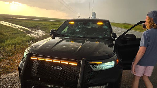 FOX Weather Exclusive Storm Tracker Brandon Copic said both windshield and headlights were a total loss following monster hail in Texas on Wednesday.