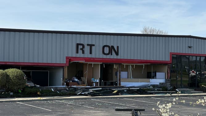 Storm damage in Carmel, Indiana on April 3, 2025.