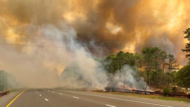 Flames from the Jones Road Fire in Barnegat, New Jersey near the Garden State Parkway on April 22, 2025.
